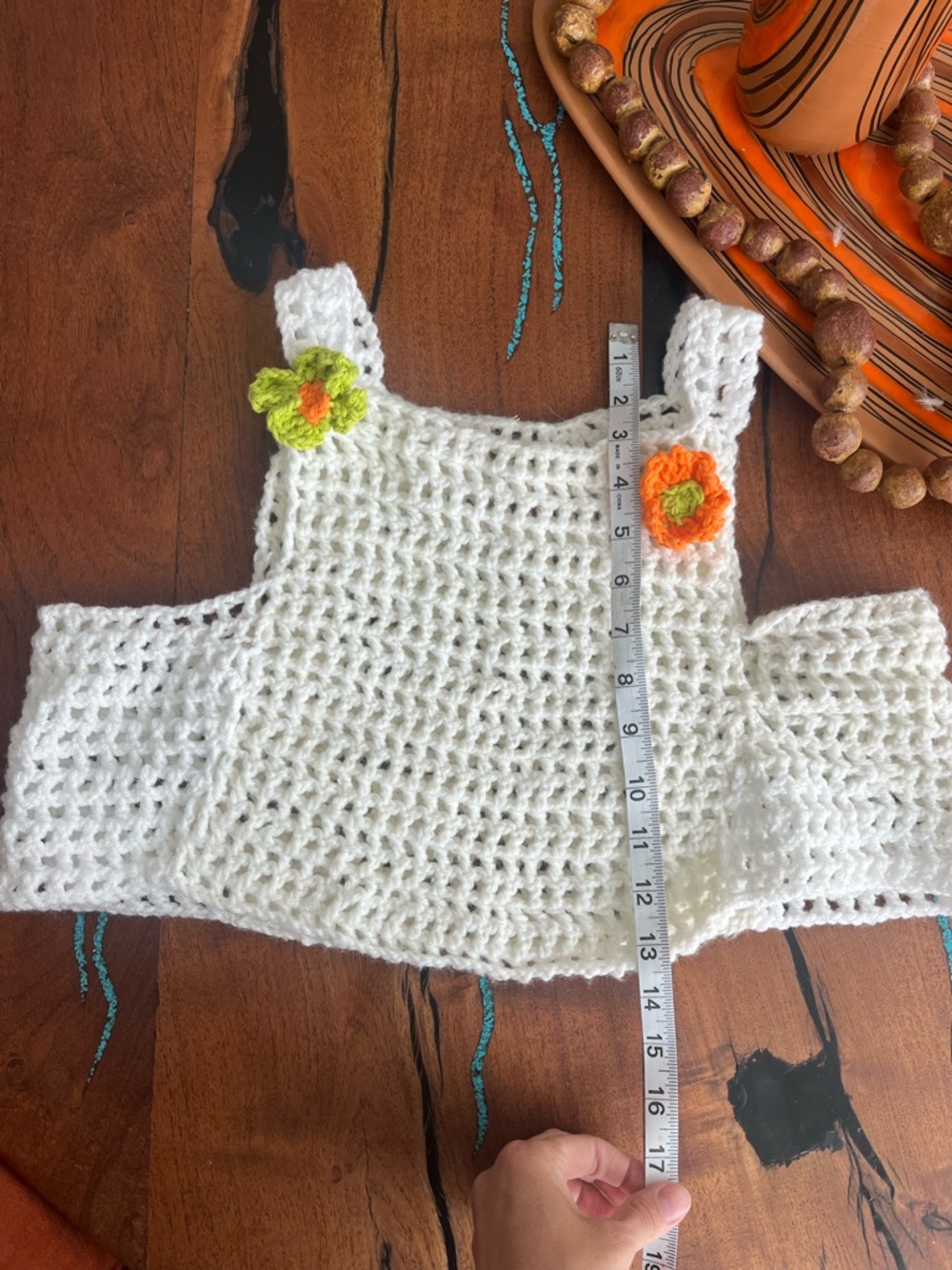 Vintage Festival Hand-Crocheted White Crop Top with Accent Flowers - Picture 1 of 7